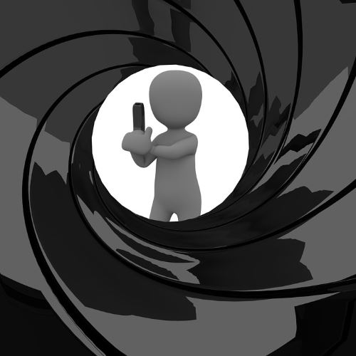 Blob figure staring, "James Bond like" down the barrel of a gun