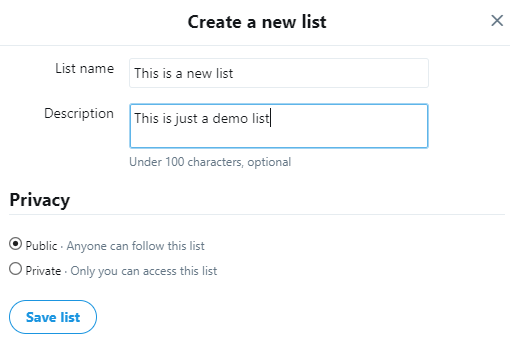 Create a new Twitter list