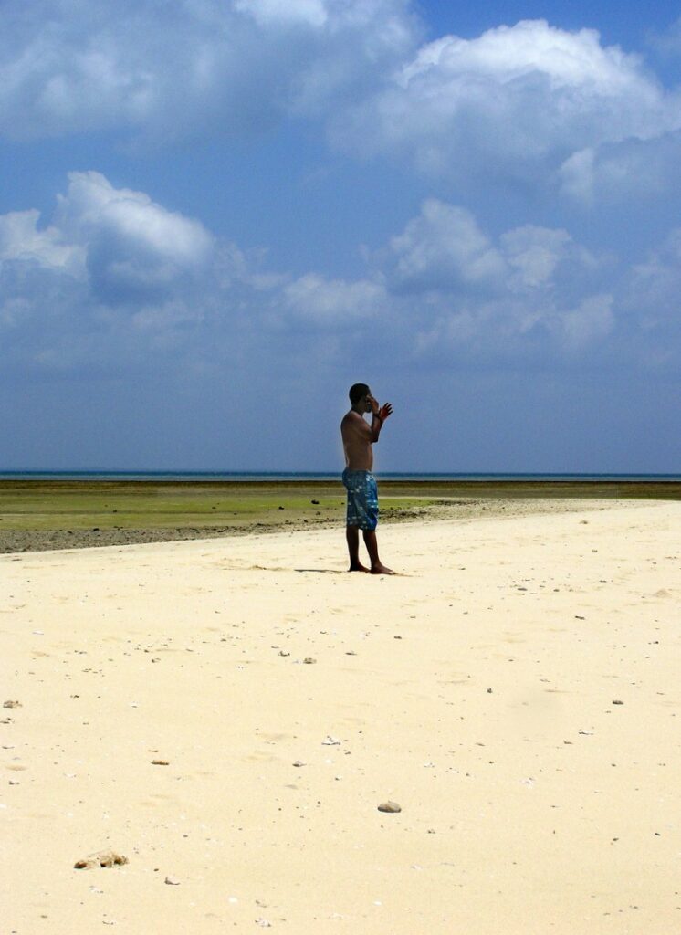 Mobile phone user stood on a beach